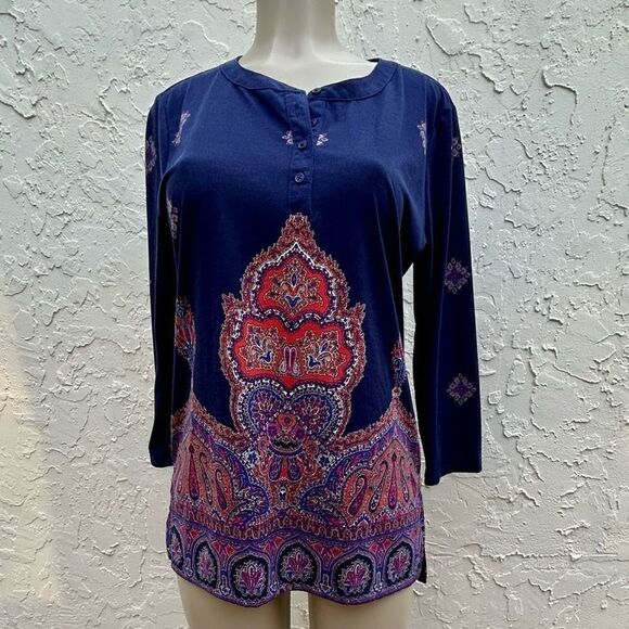 Liz Claiborne Womens Medium Paisley Heritage Tunic Blouse Quarter Sleeve - Picture 3 of 13